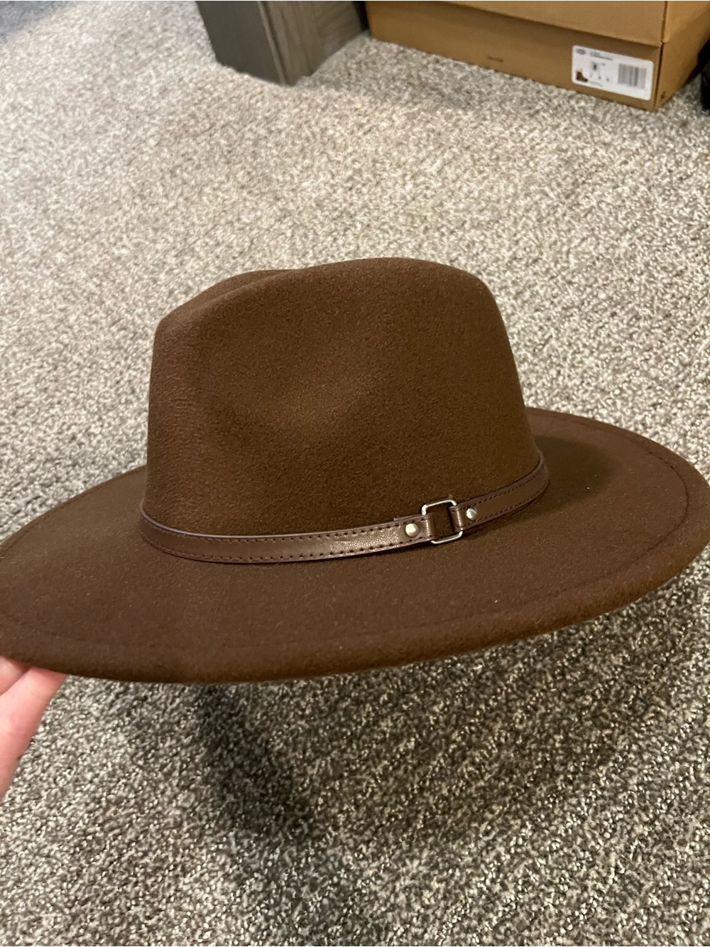 Wide Brim Brown Felt Fedora Hat with Leather Band